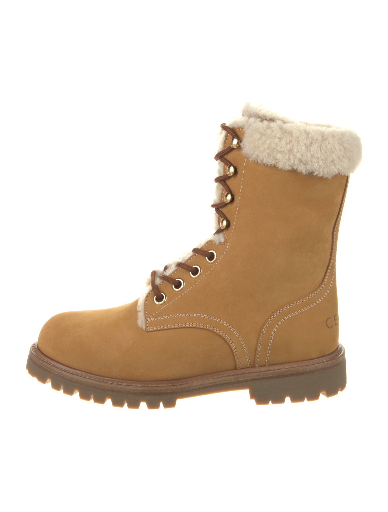 Celine Leather Faux Fur Trim Lace-Up Boots