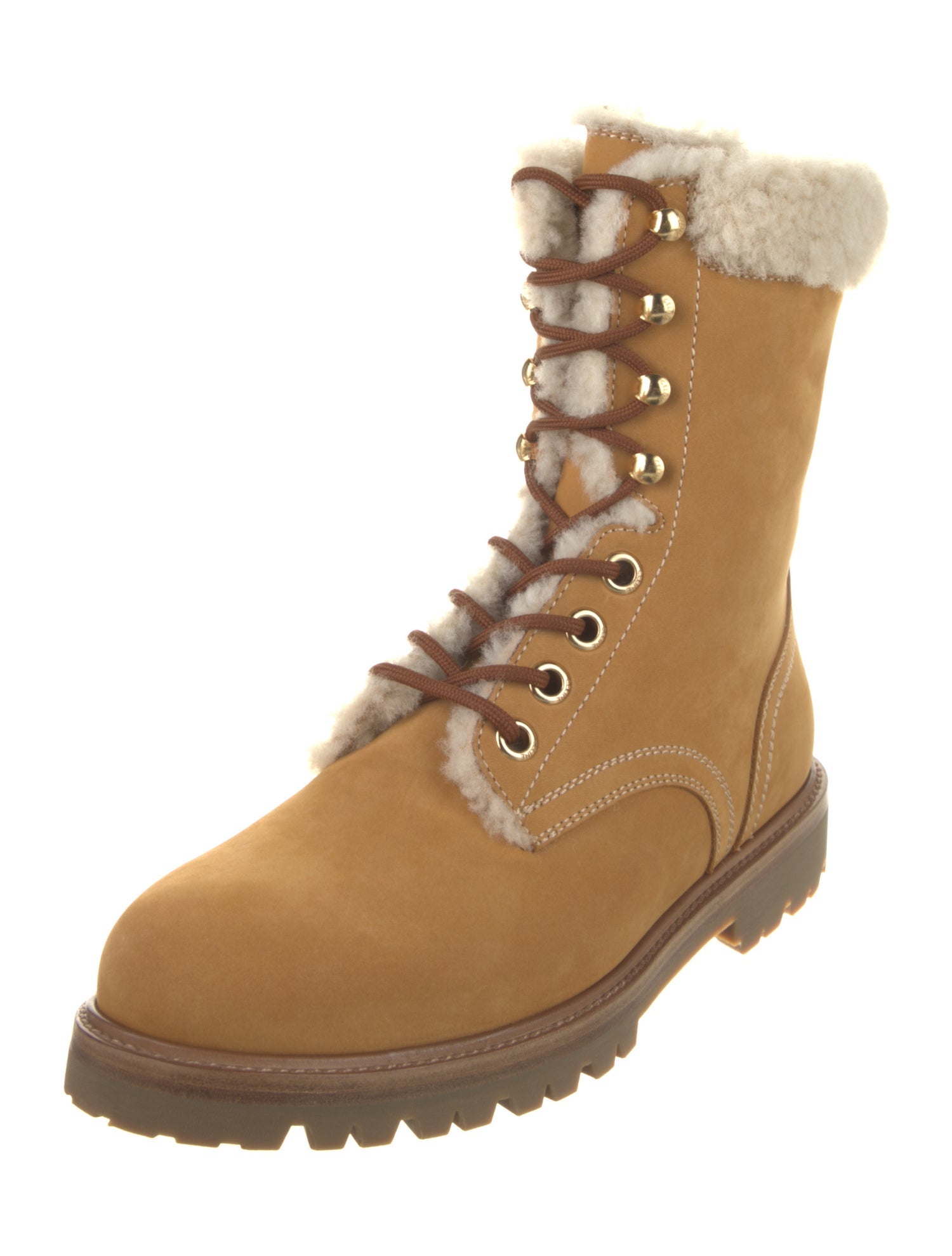Celine Leather Faux Fur Trim Lace-Up Boots