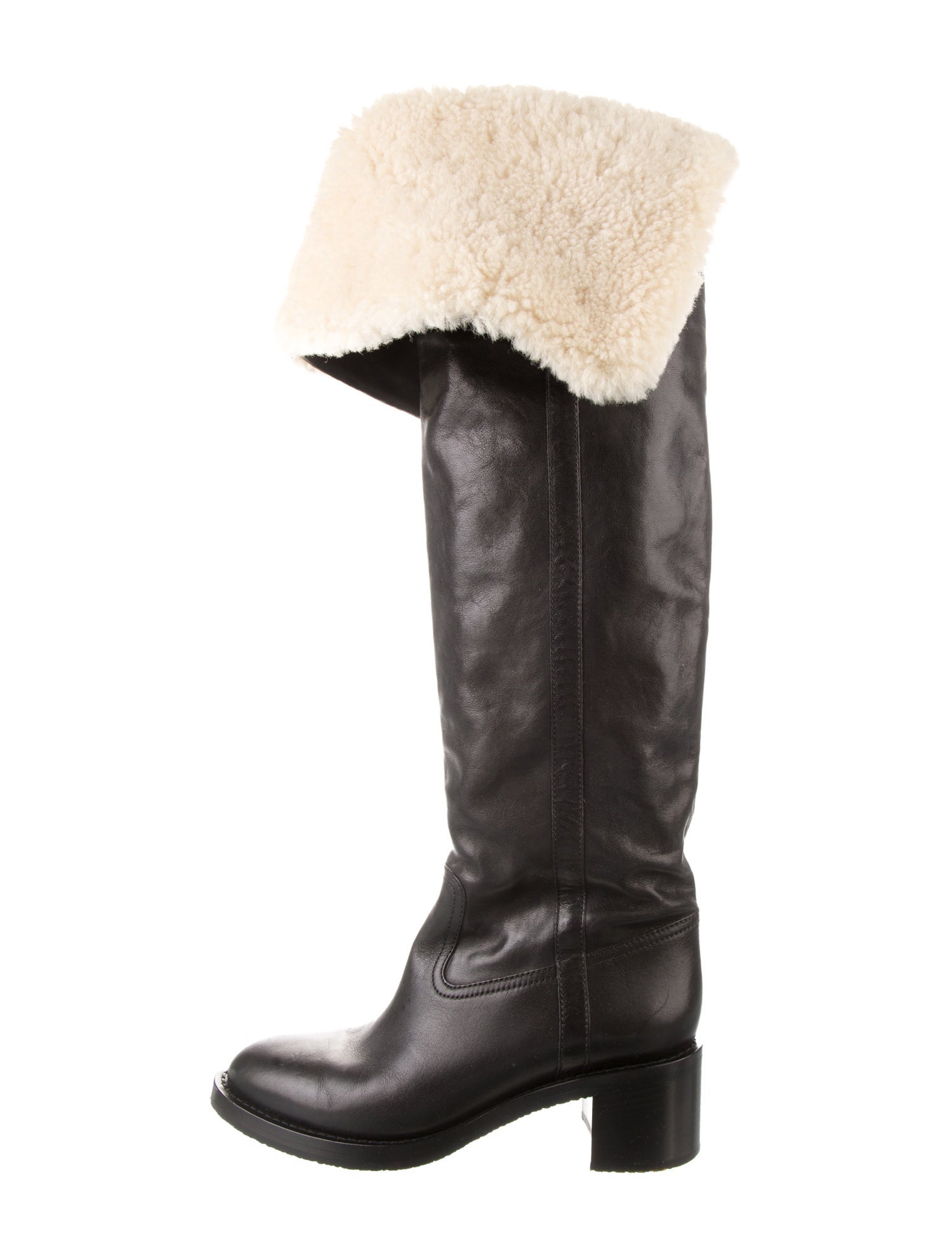 Celine Leather Faux Fur Trim Riding Boots