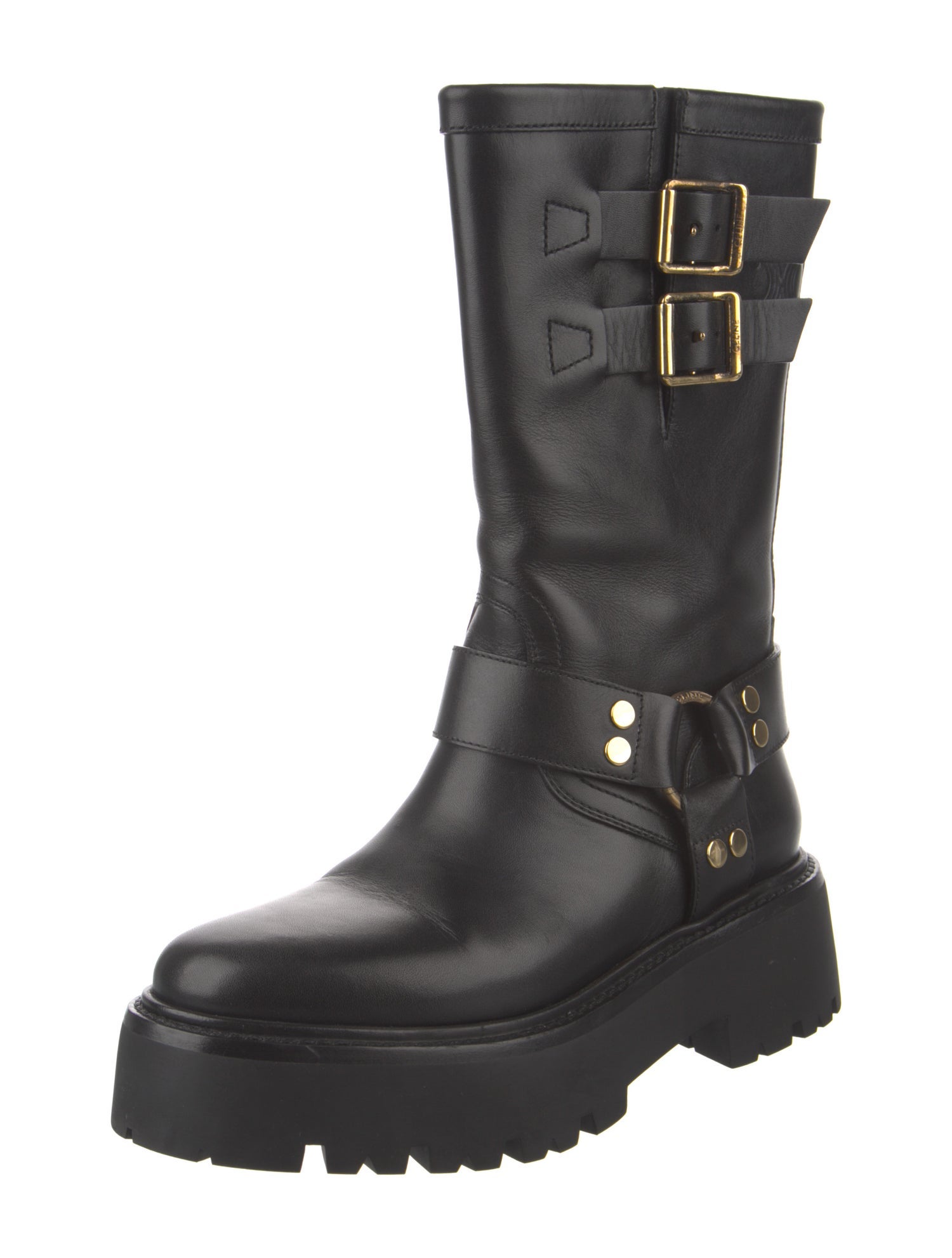 Celine Leather Studded Accents Moto Boots