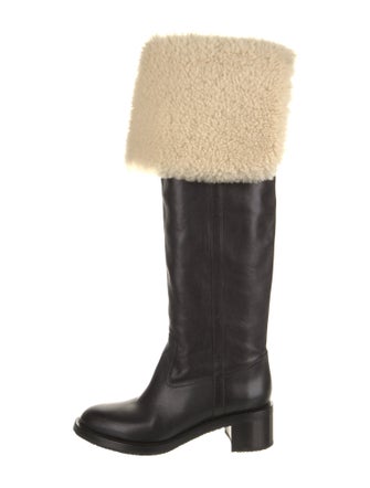 Celine Leather Faux Fur Trim Riding Boots