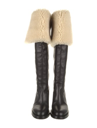 Celine Leather Faux Fur Trim Riding Boots