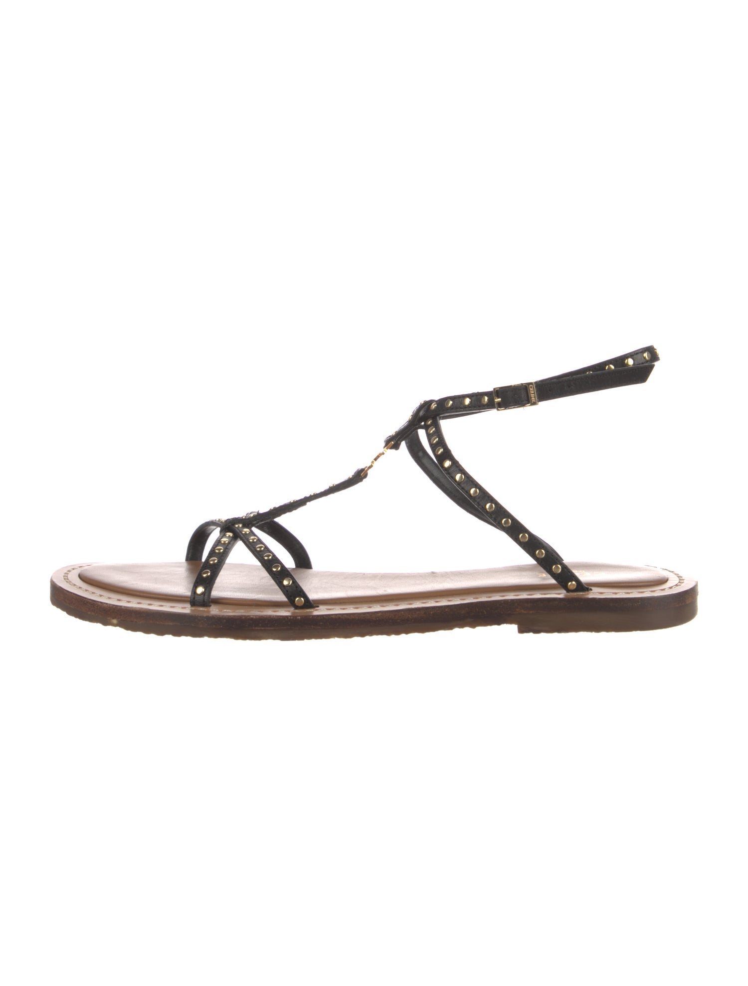 Celine Leather Studded Accents T-Strap Sandals
