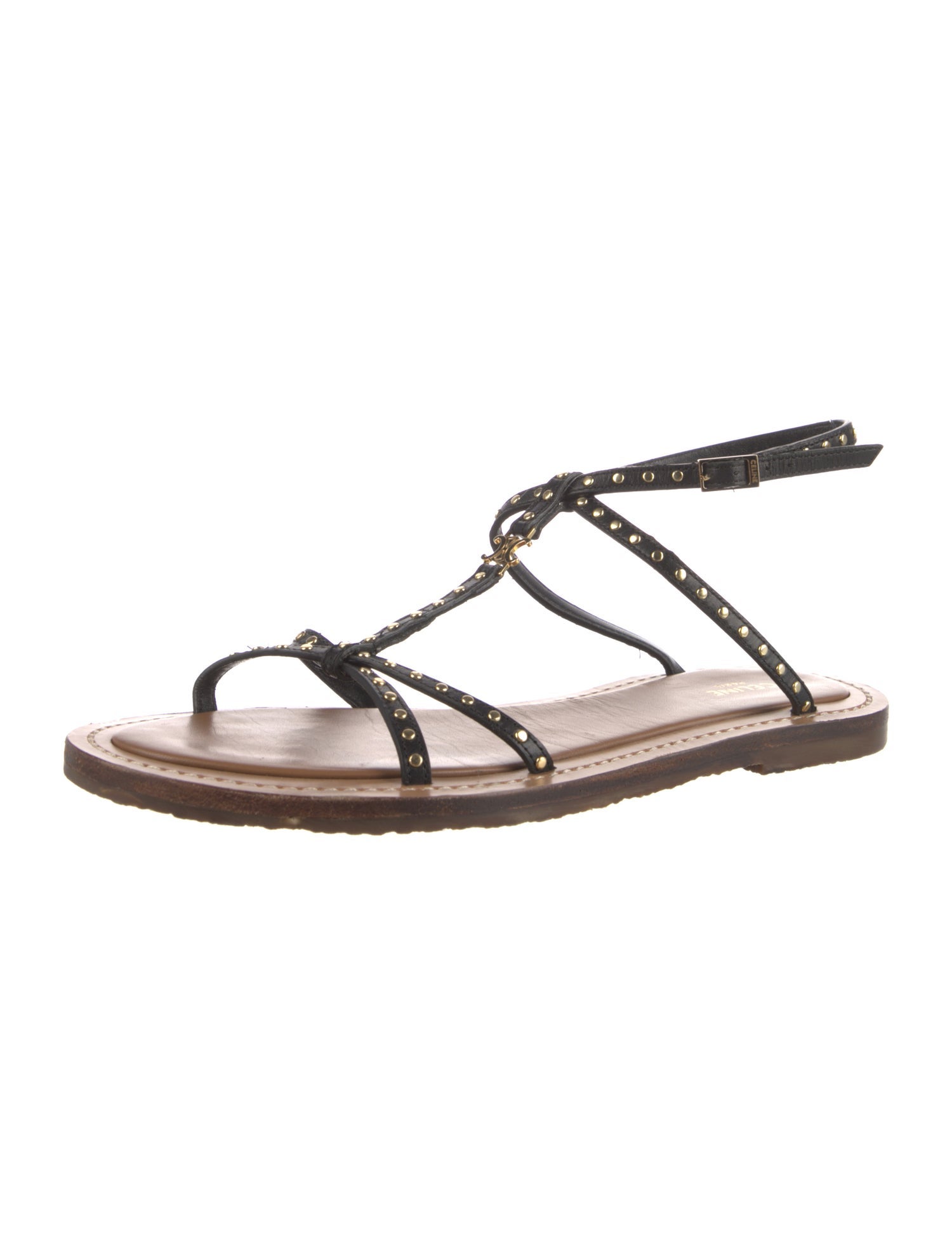 Celine Leather Studded Accents T-Strap Sandals