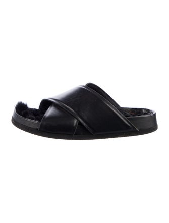 Celine Leather Fur Trim Slides