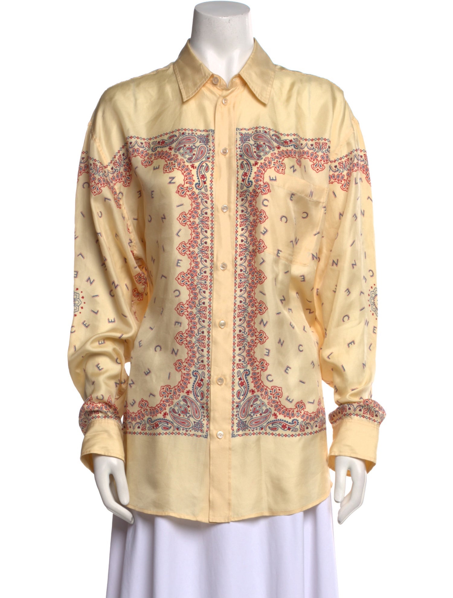 Celine Paisley Logo Long Sleeve Silk Button-Up Top
