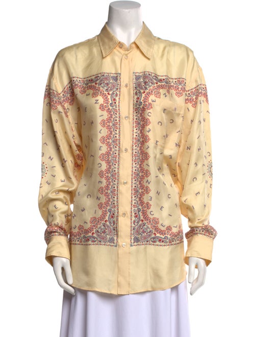 Celine Paisley Logo Long Sleeve Silk Button-Up Top