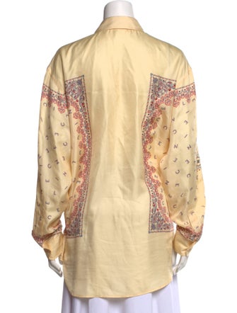 Celine Paisley Logo Long Sleeve Silk Button-Up Top