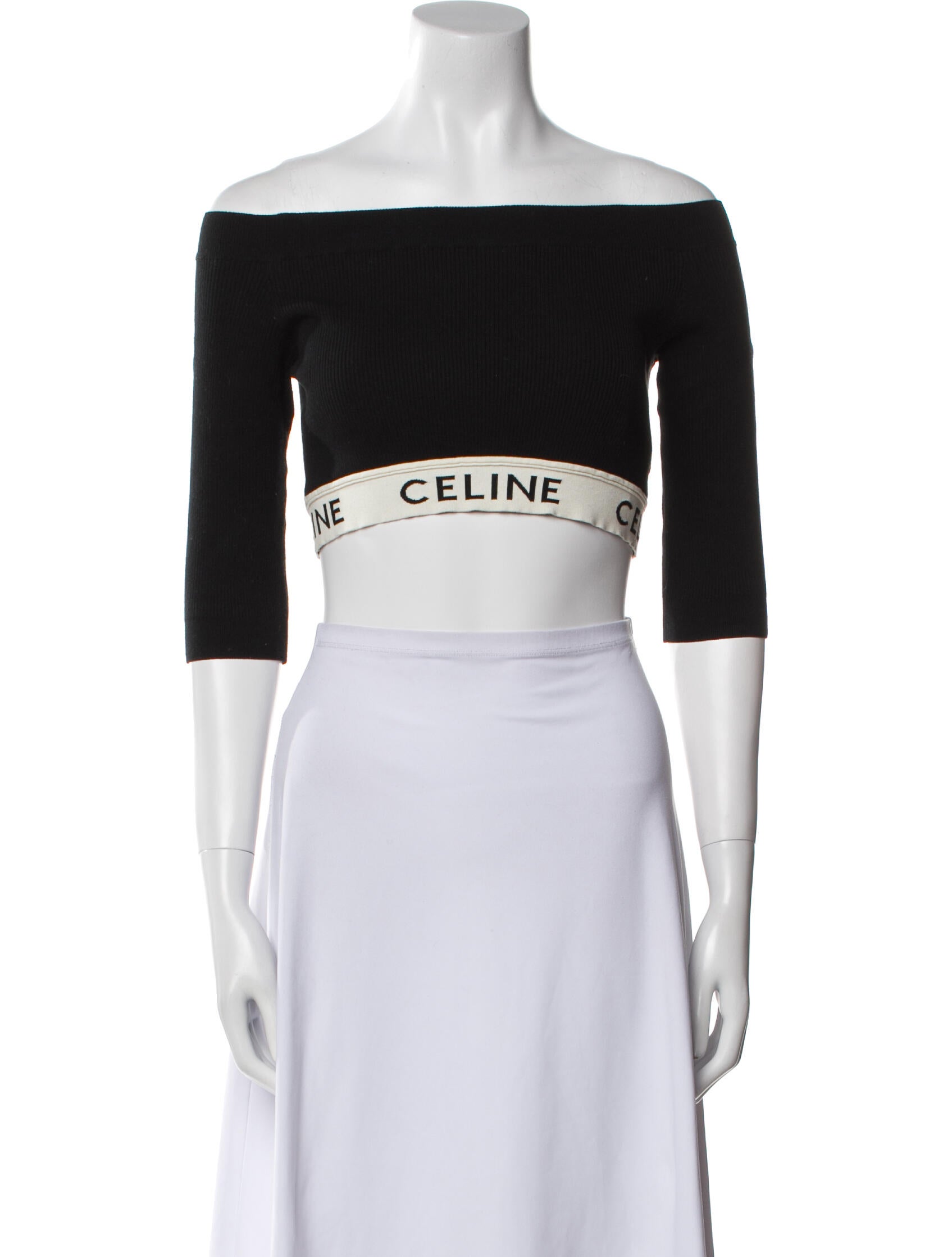 Celine Graphic Print Off-The-Shoulder Crop Top
