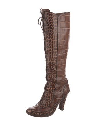Celine Leather Animal Print Lace-Up Boots