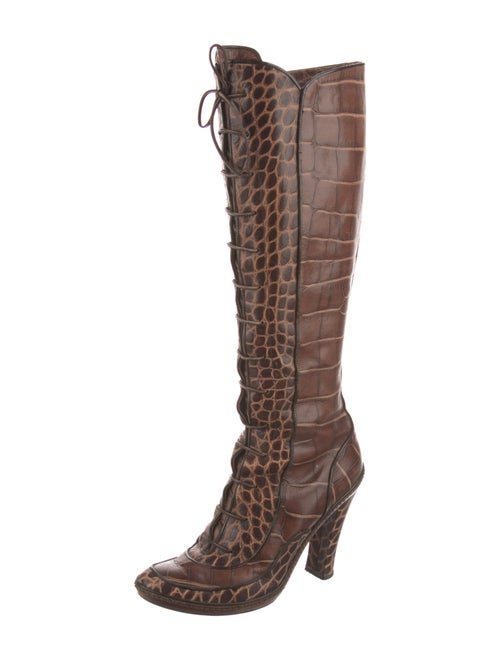 Celine Leather Animal Print Lace-Up Boots