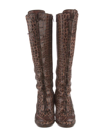 Celine Leather Animal Print Lace-Up Boots