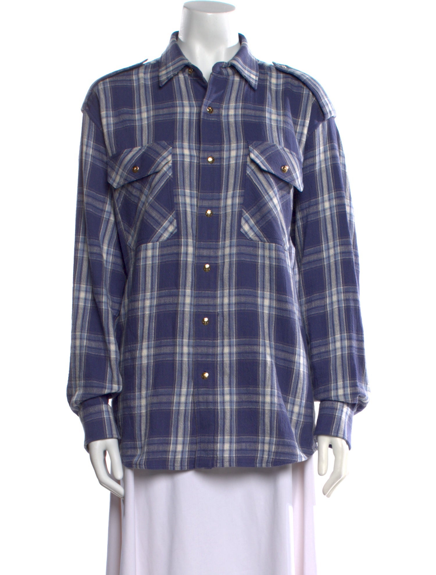 Celine Plaid Print Long Sleeve Button-Up Top