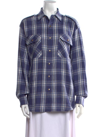Celine Plaid Print Long Sleeve Button-Up Top