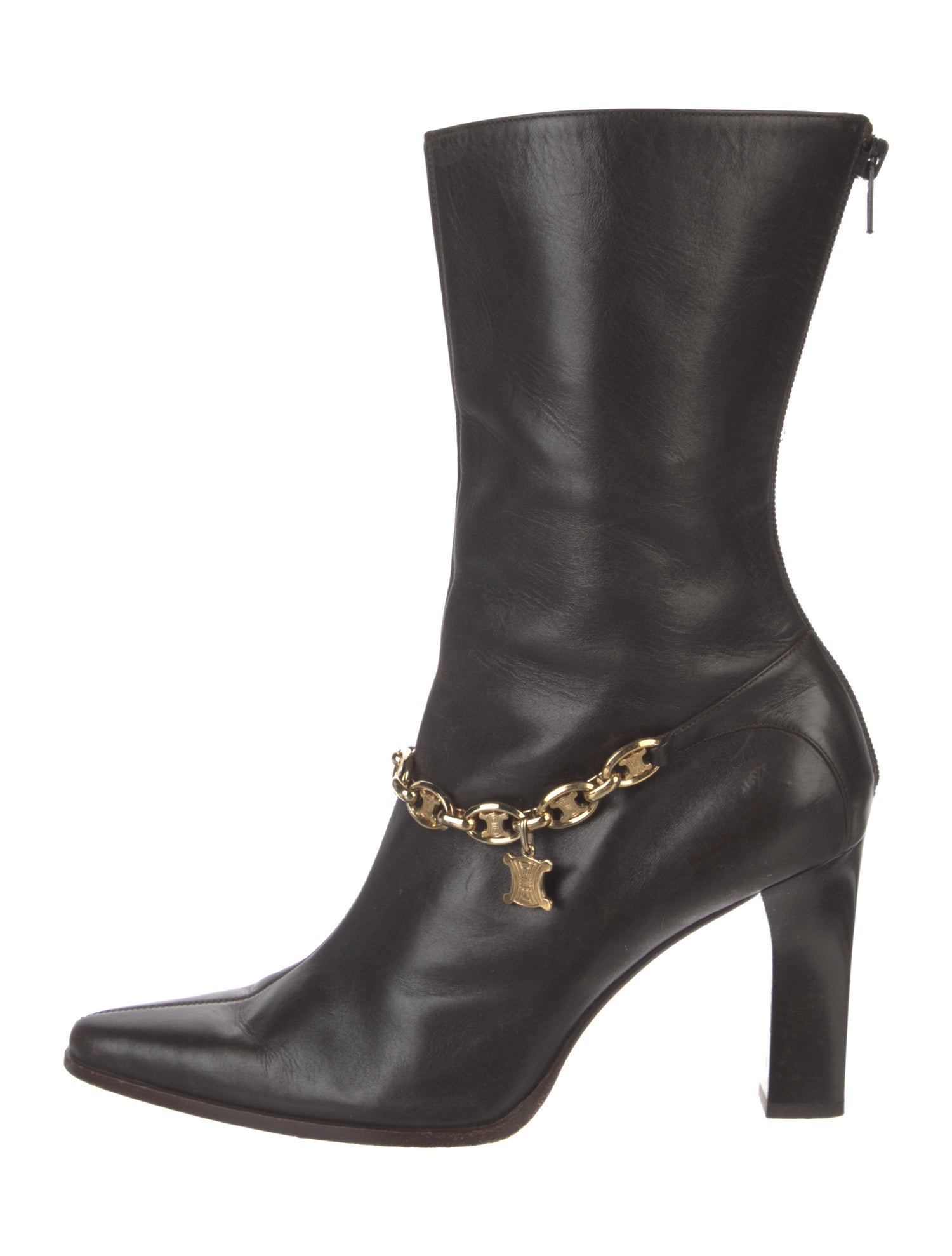 Celine Leather Chain-Link Accents Boots