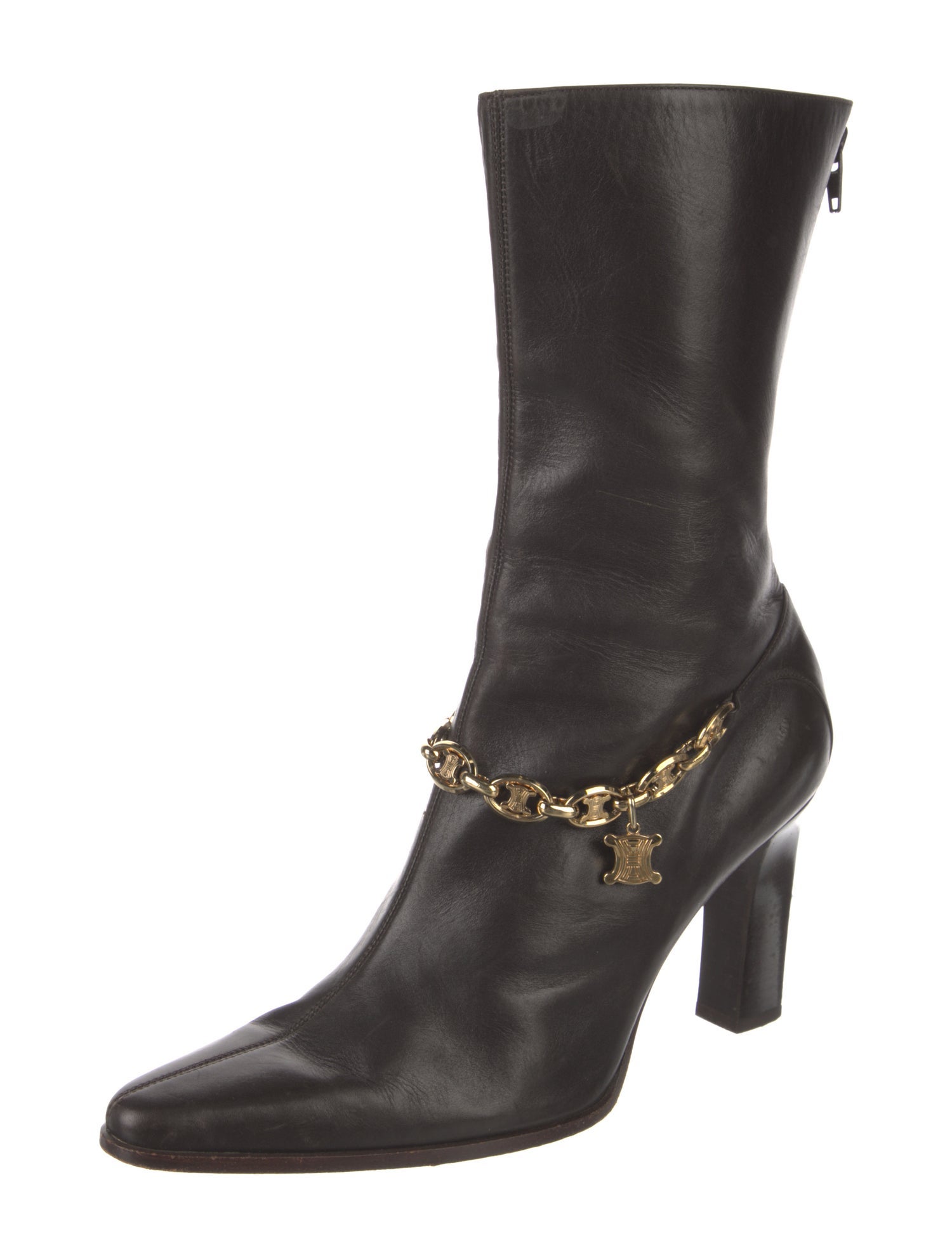 Celine Leather Chain-Link Accents Boots