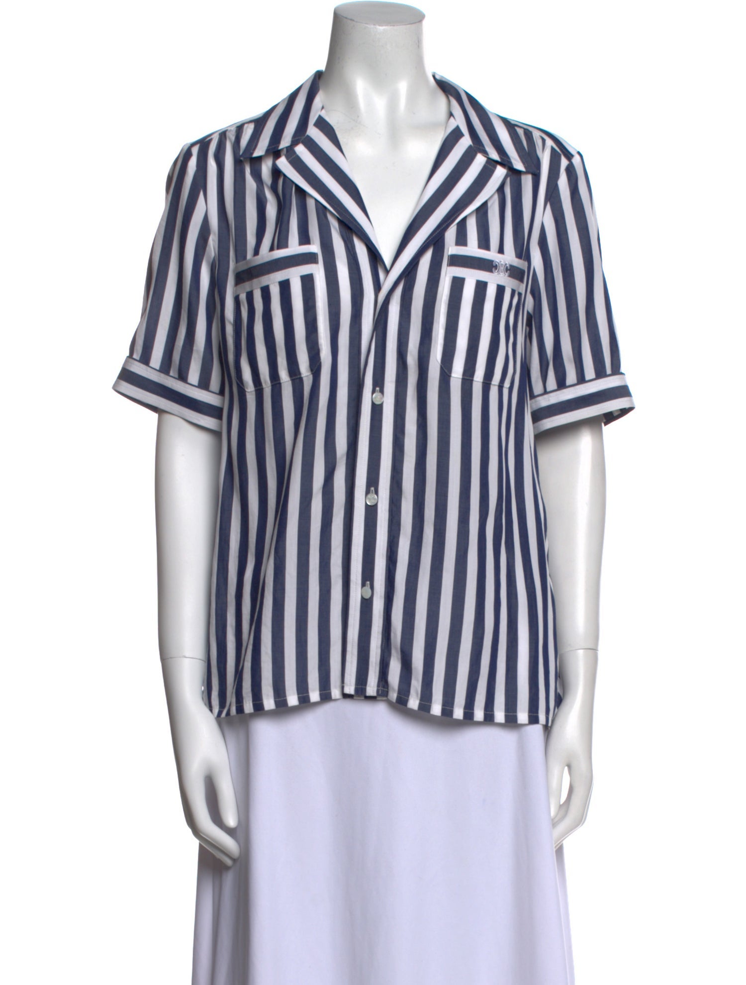 Celine Striped V-Neck Button-Up Top