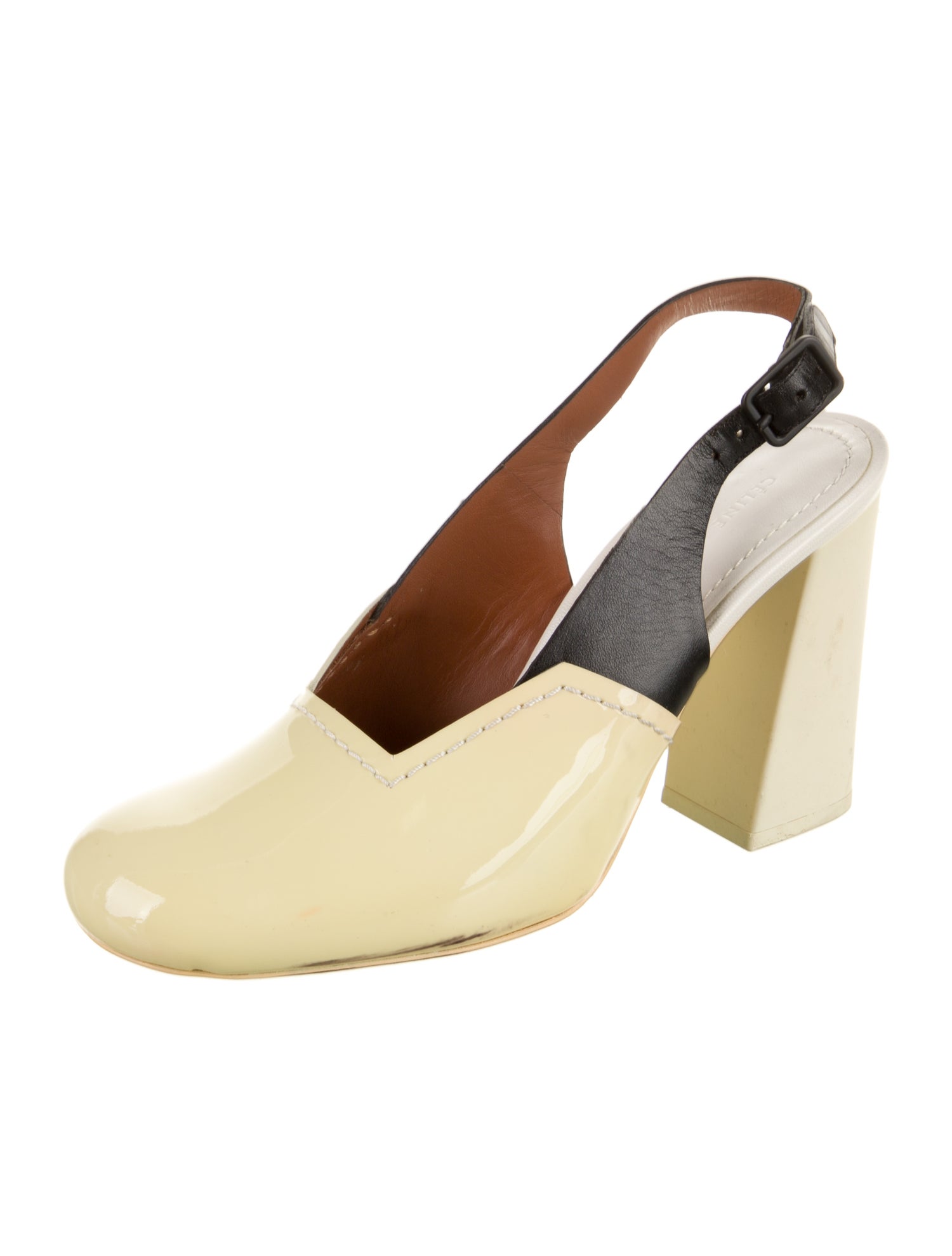 Celine Patent Leather Colorblock Pattern Slingback Pumps
