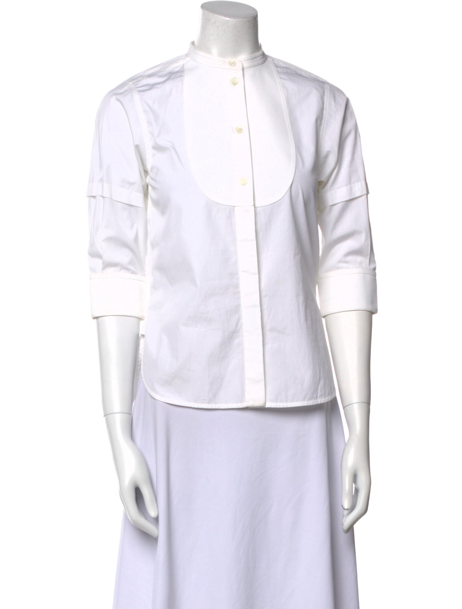 Celine Mock Neck Three-Quarter Sleeve Button-Up Top