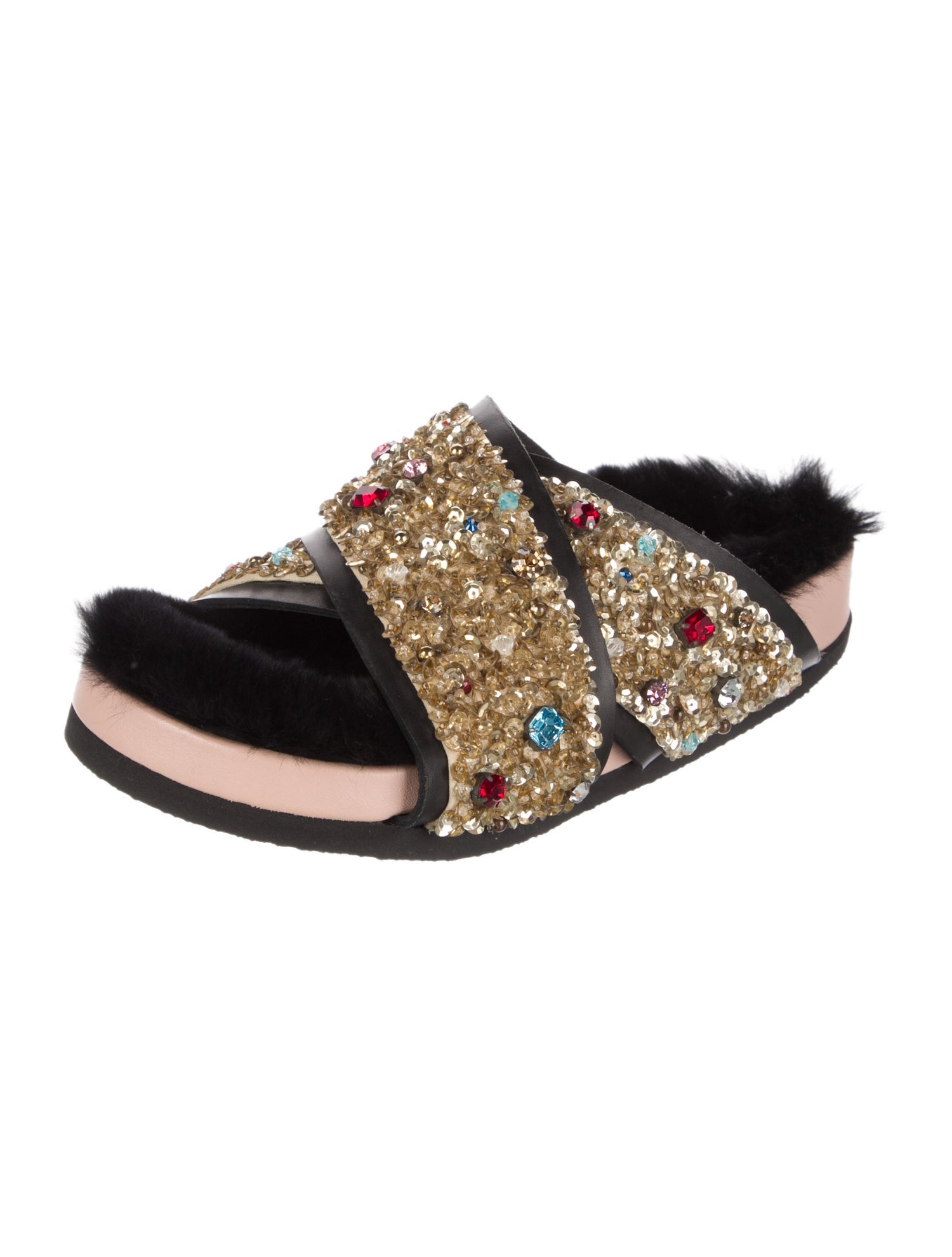 Celine Leather Fur Trim Slides