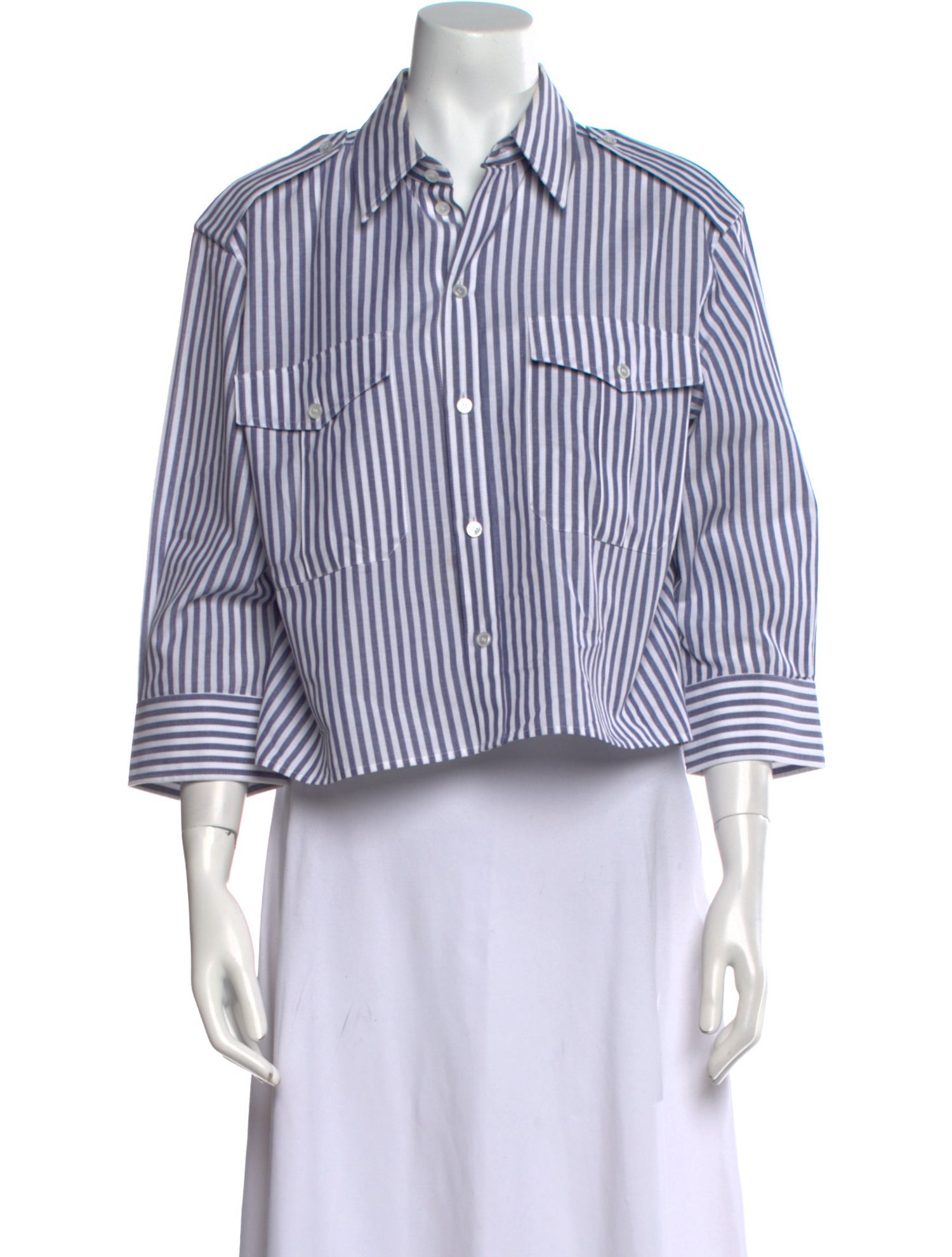 Celine Striped Three-Quarter Sleeve Button-Up Top