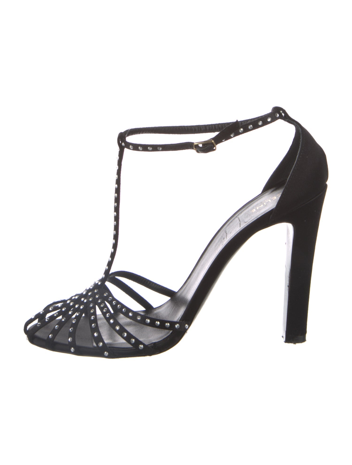 Celine Satin Crystal Embellishments T-Strap Pumps