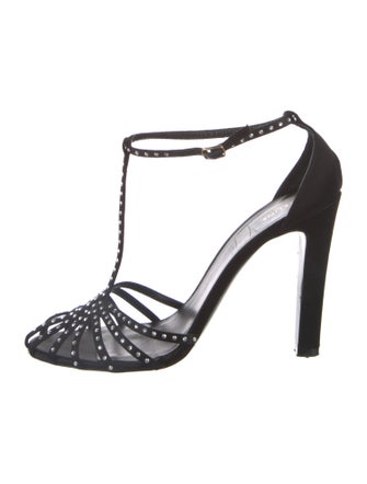 Celine Satin Crystal Embellishments T-Strap Pumps