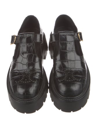 Celine Embossed Leather Lasercut Accents T-Strap Pumps