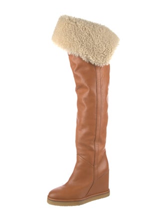 Celine Leather Fur Trim Boots