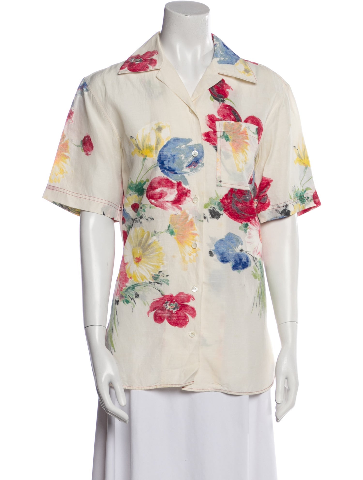 Celine Floral Print Short Sleeve Button-Up Top