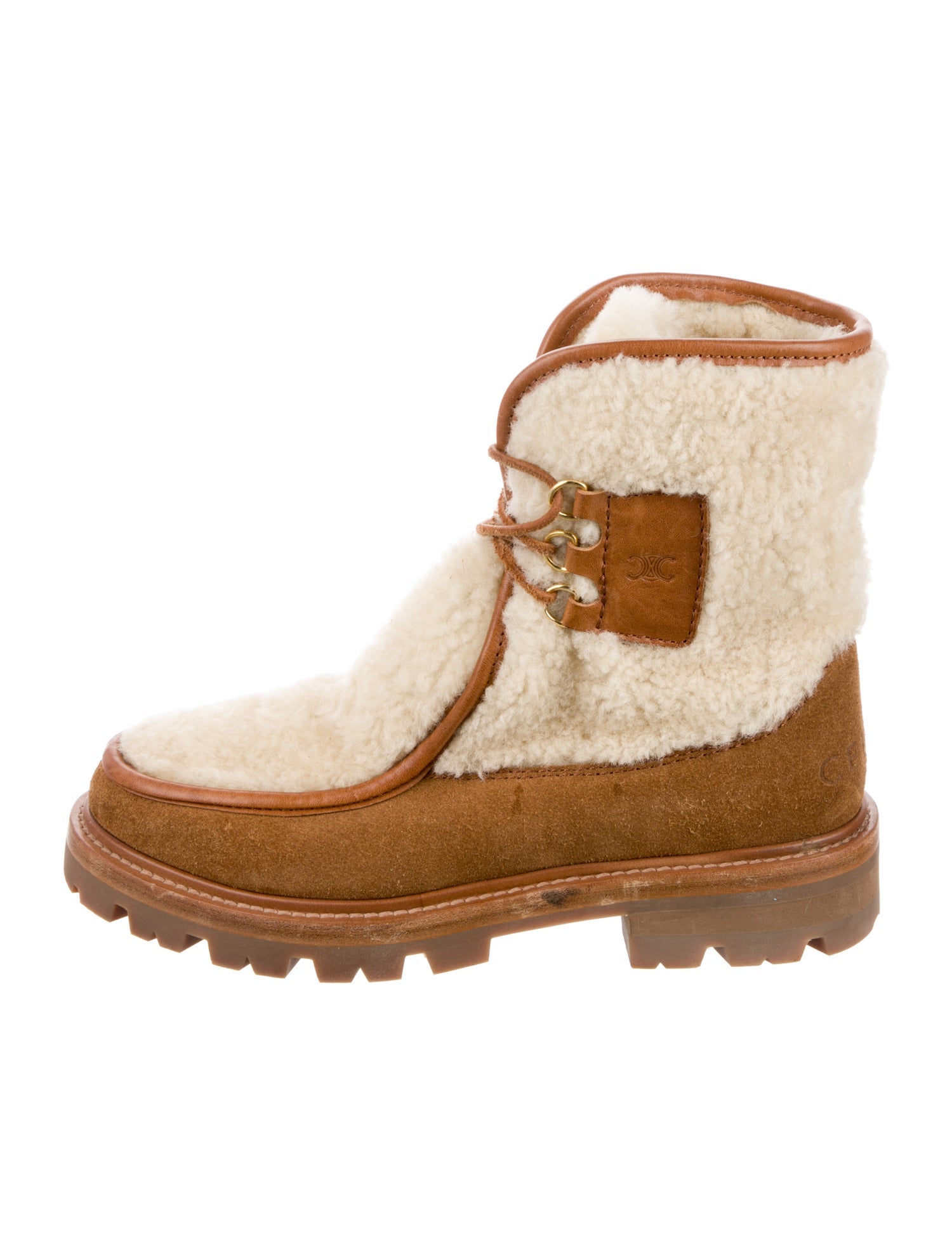 Celine Shearling Colorblock Pattern Lace-Up Boots