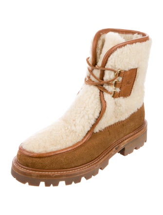 Celine Shearling Colorblock Pattern Lace-Up Boots