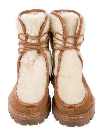 Celine Shearling Colorblock Pattern Lace-Up Boots