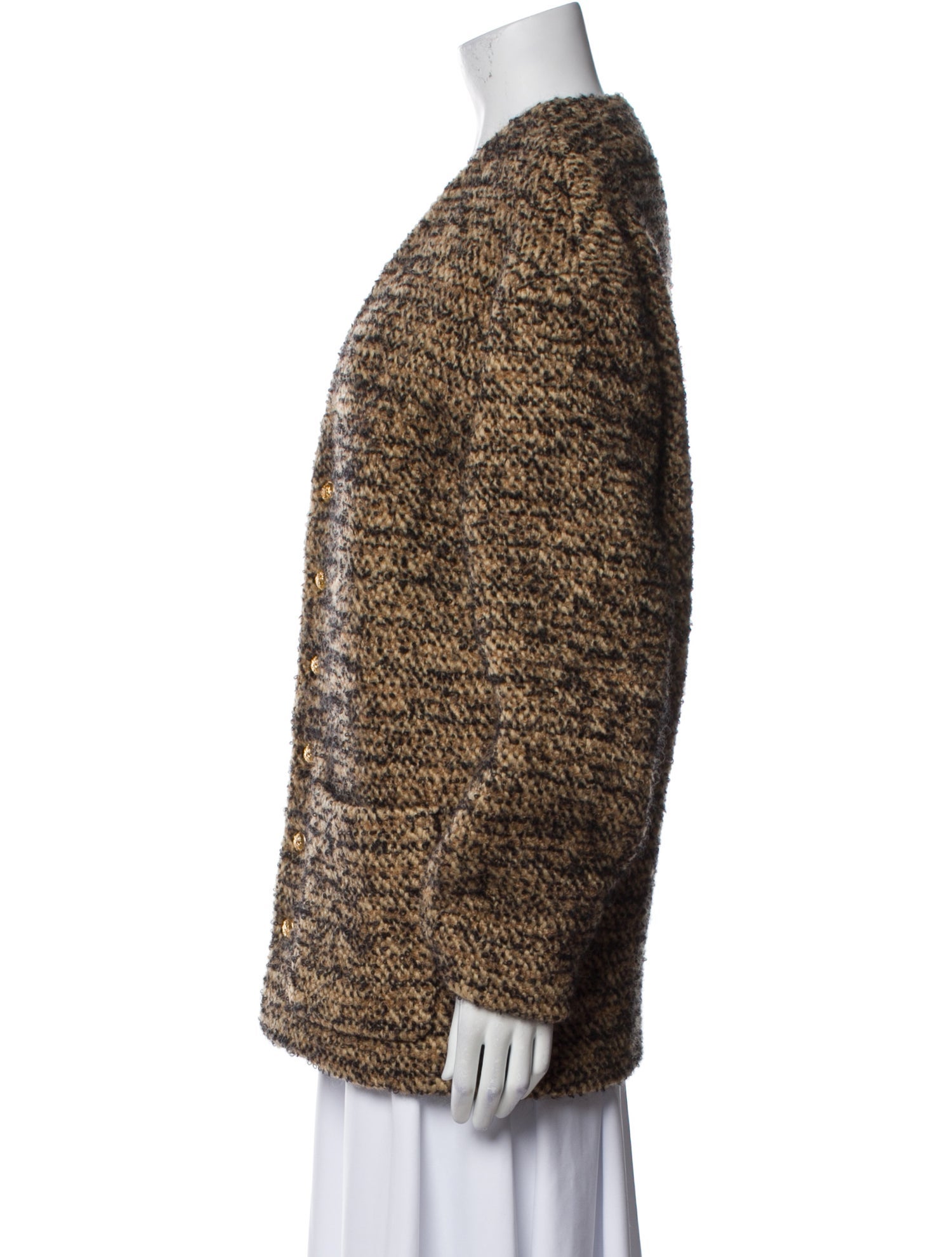 Celine Wool Tweed Pattern Faux Fur Coat