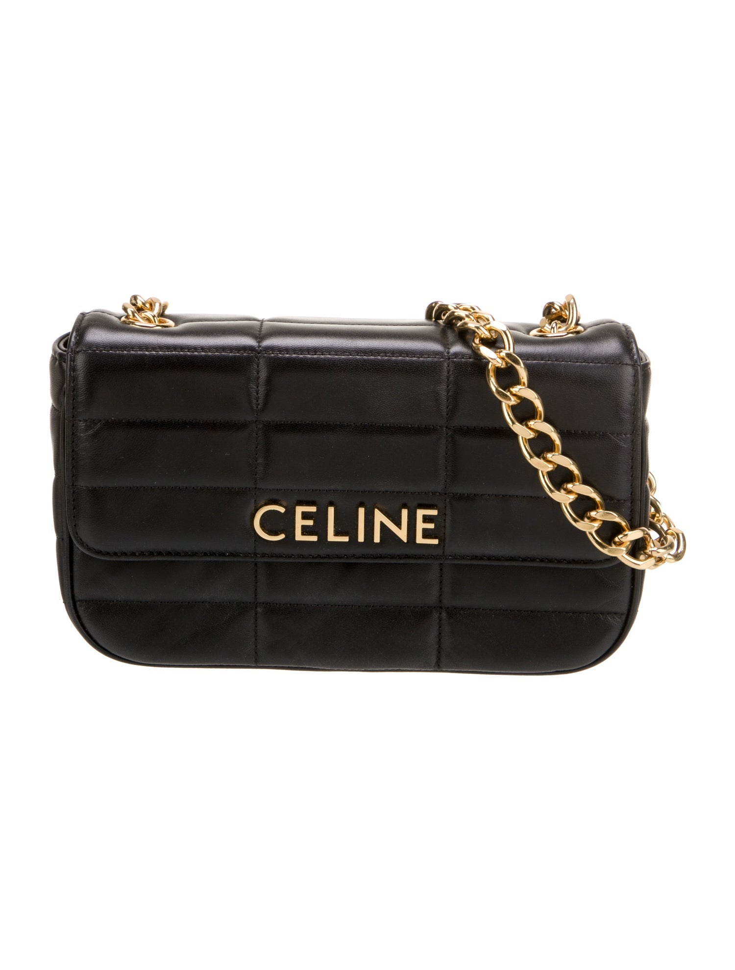 Celine Leather Square Quilt Logo Chain Shoulder Bag