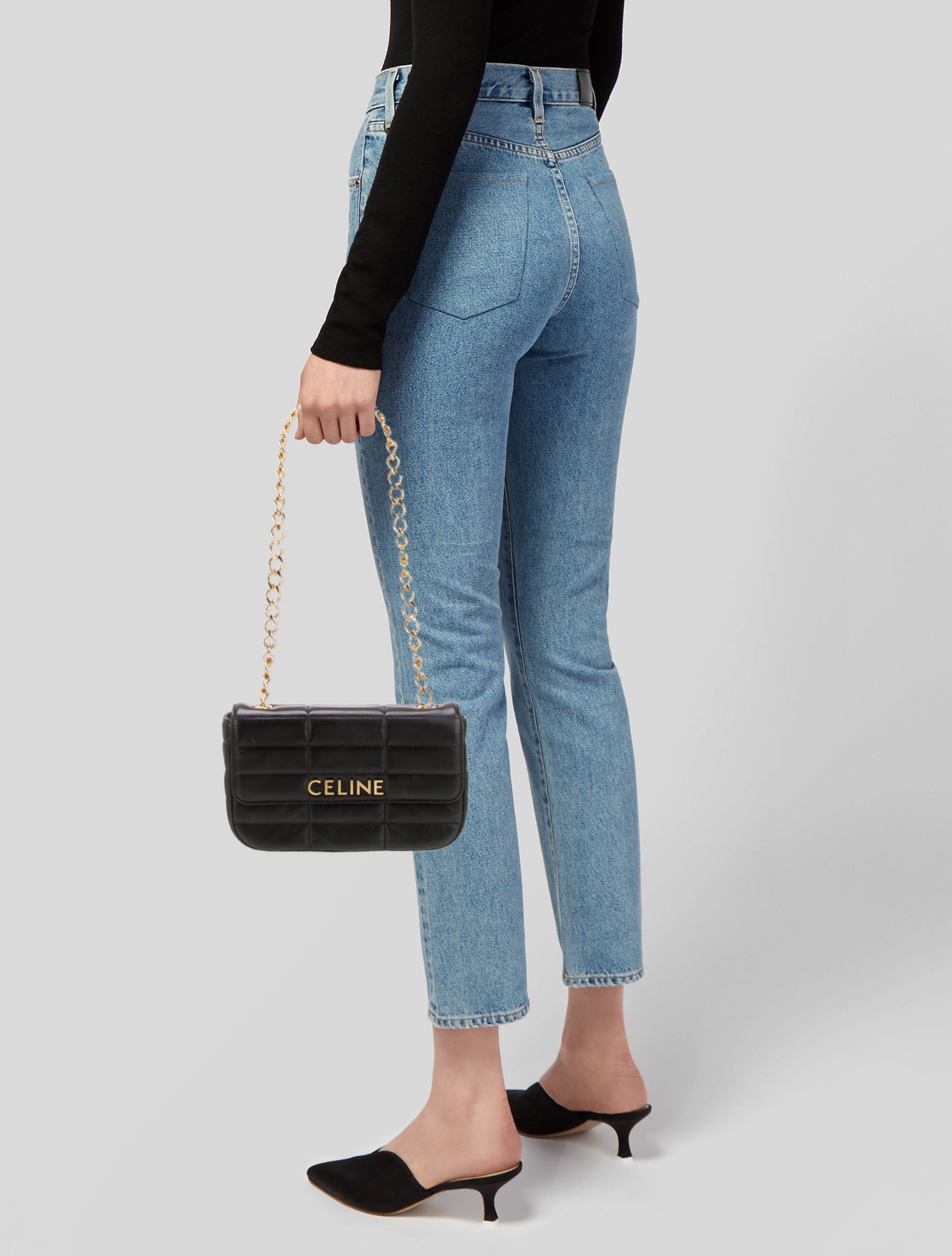 Celine Leather Square Quilt Logo Chain Shoulder Bag