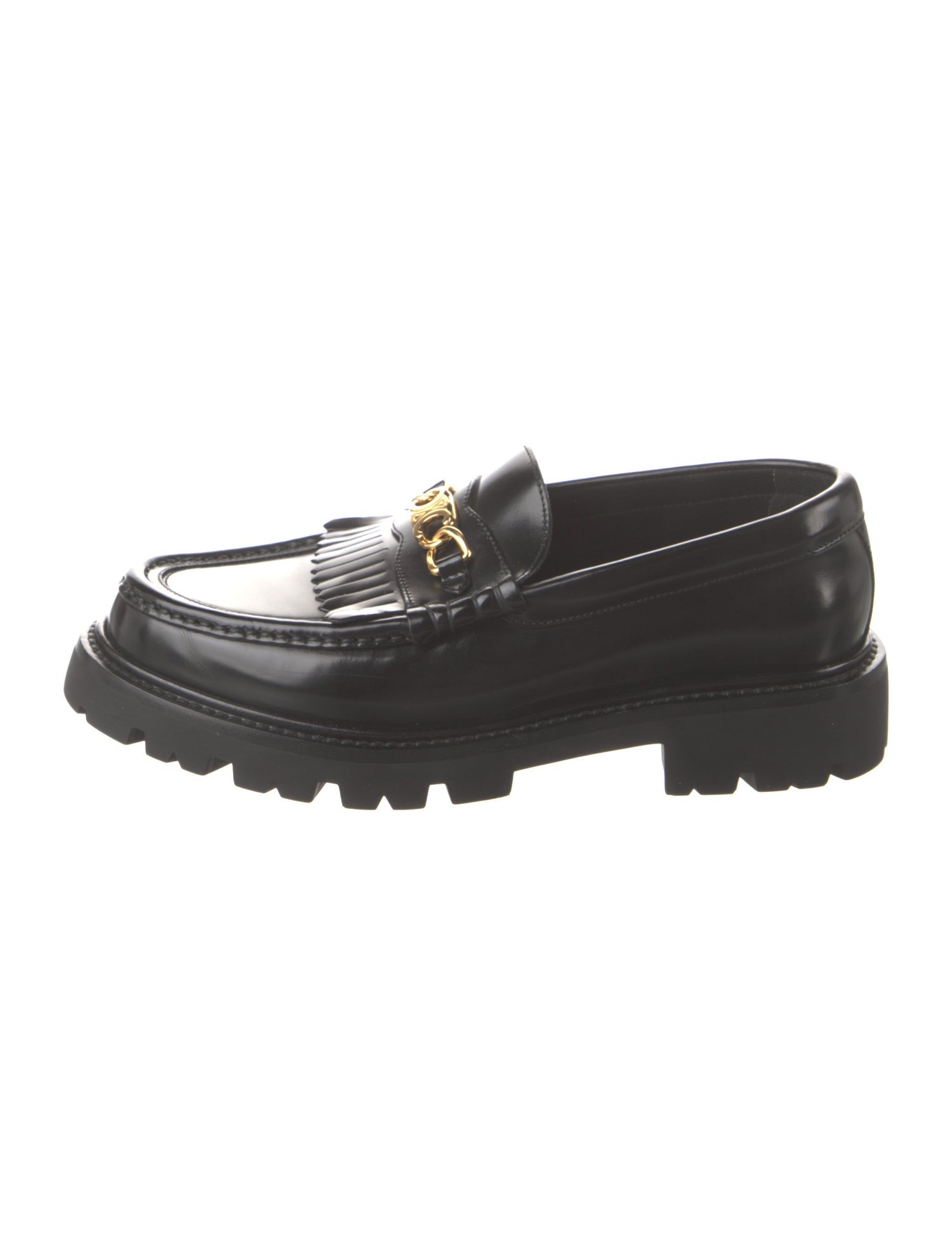 Celine Patent Leather Fringe Trim Accent Loafers