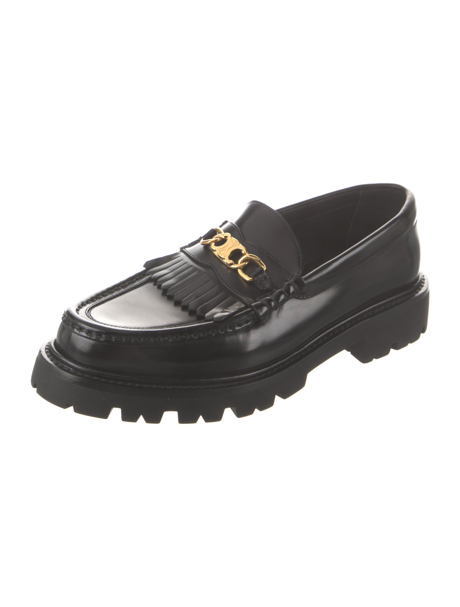 Celine Patent Leather Fringe Trim Accent Loafers