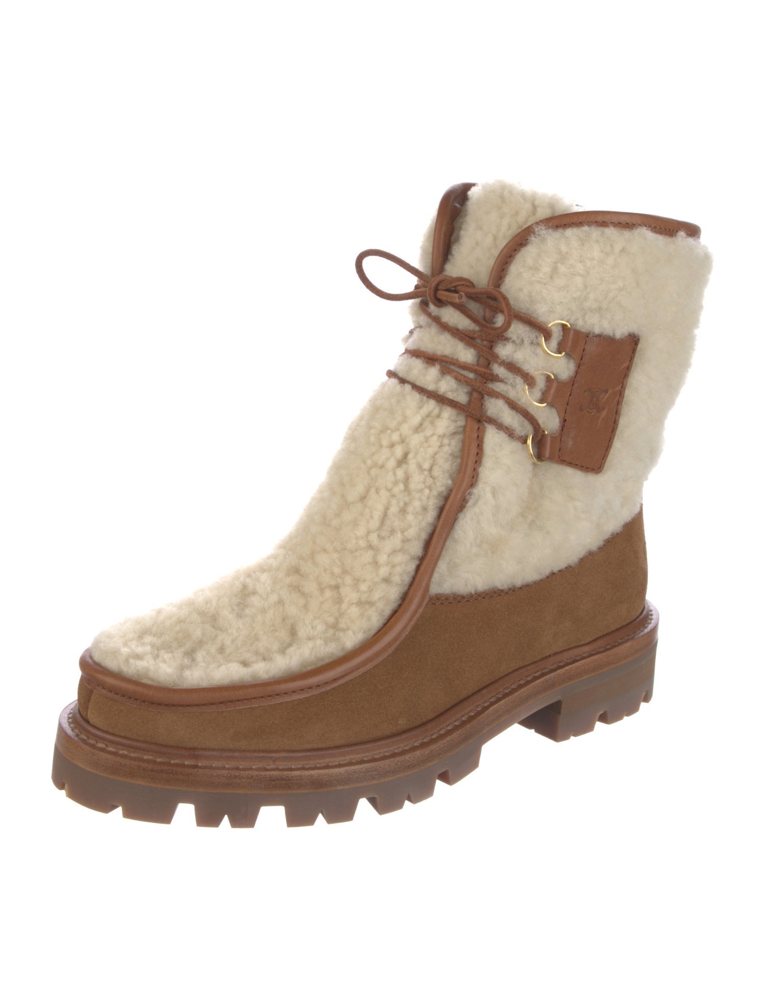 Celine Shearling Colorblock Pattern Lace-Up Boots