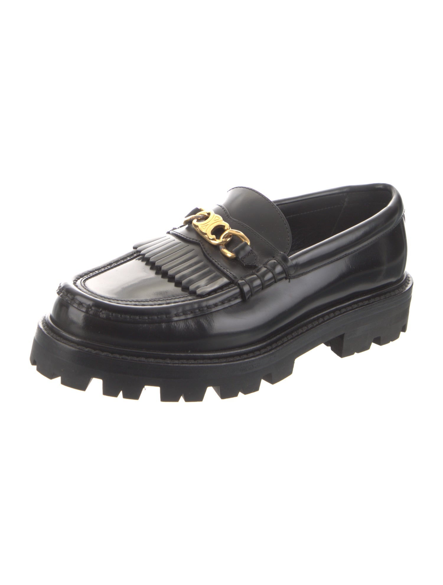 Celine Patent Leather Fringe Trim Accent Loafers