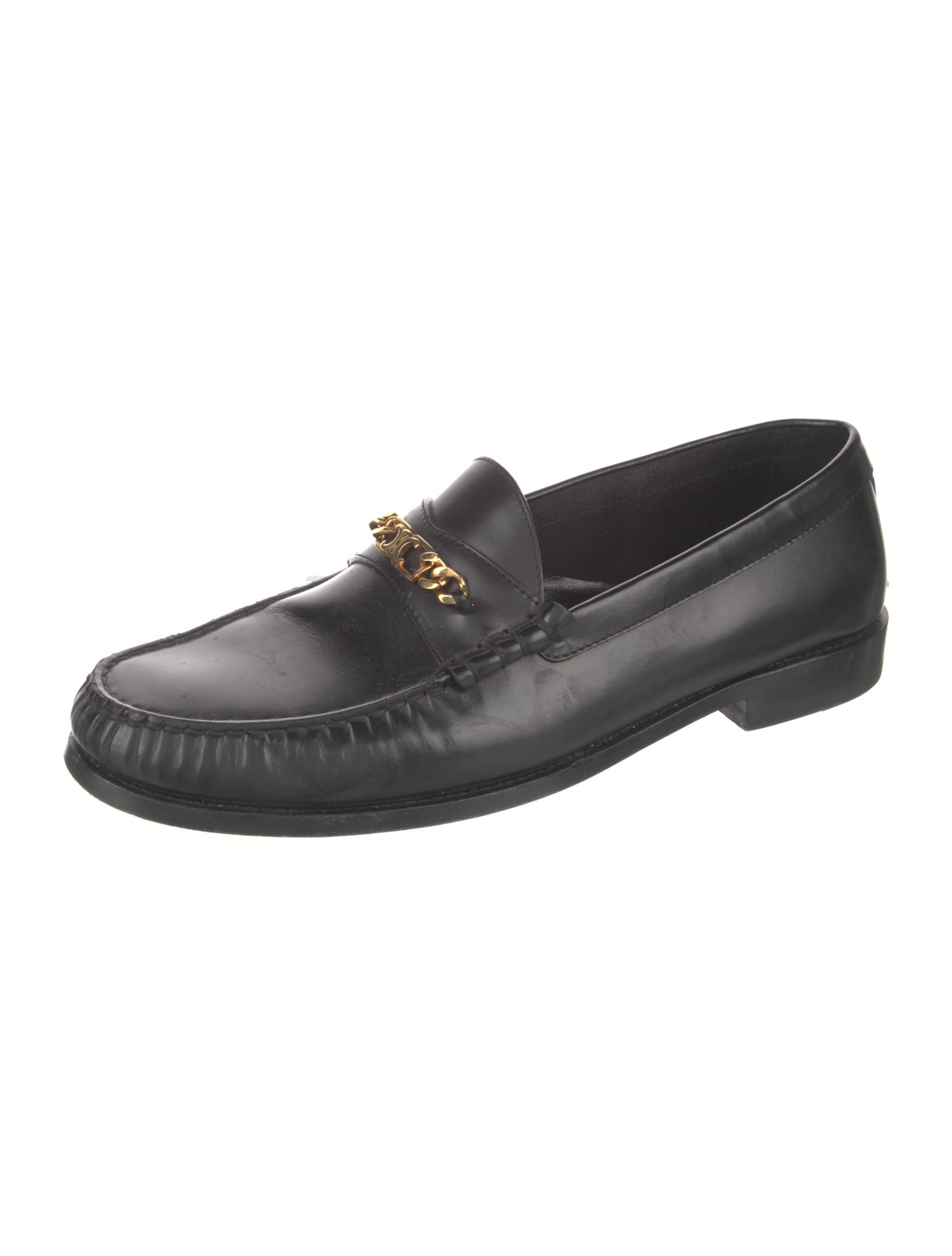 Celine Leather Chain-Link Accents Dress Loafers