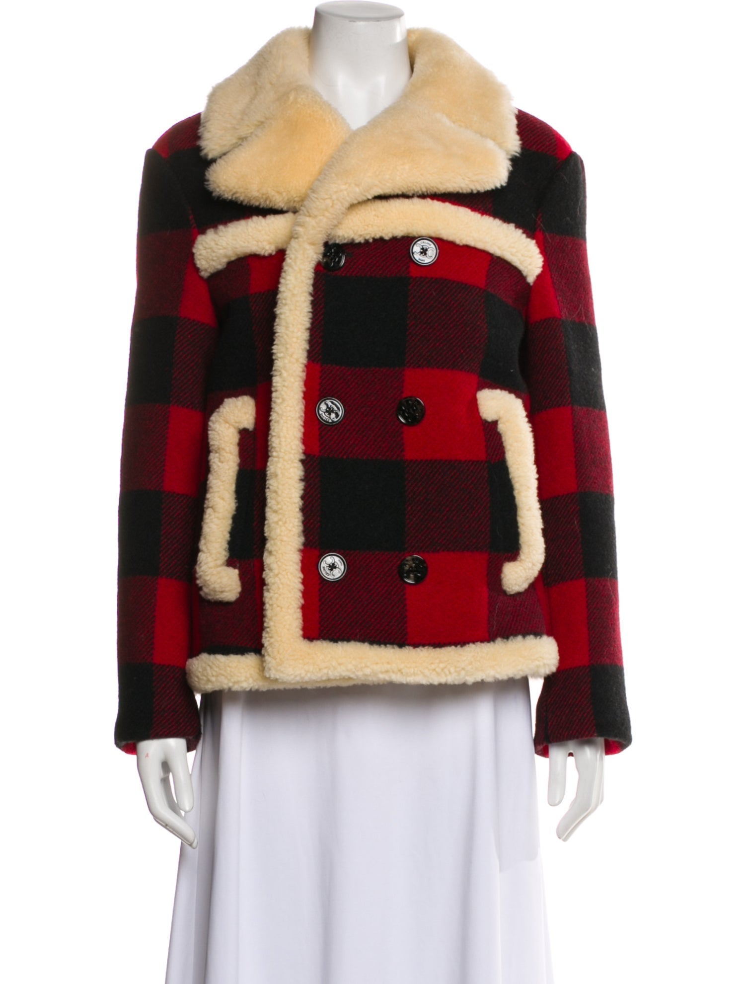 Celine Wool Plaid Print Faux Fur Jacket
