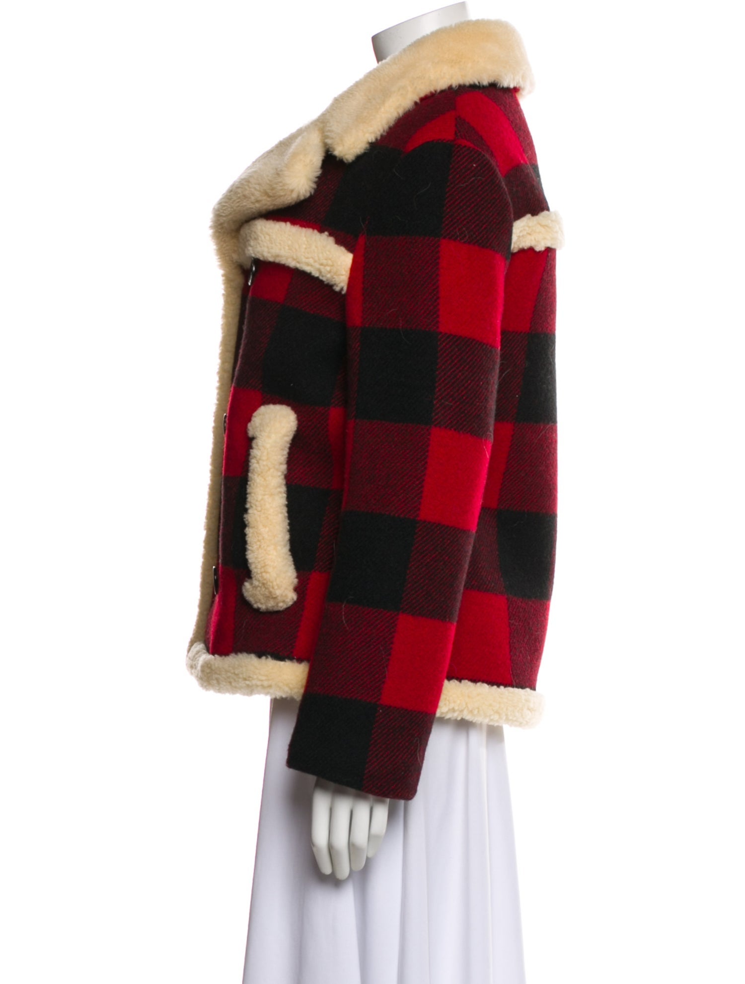 Celine Wool Plaid Print Faux Fur Jacket