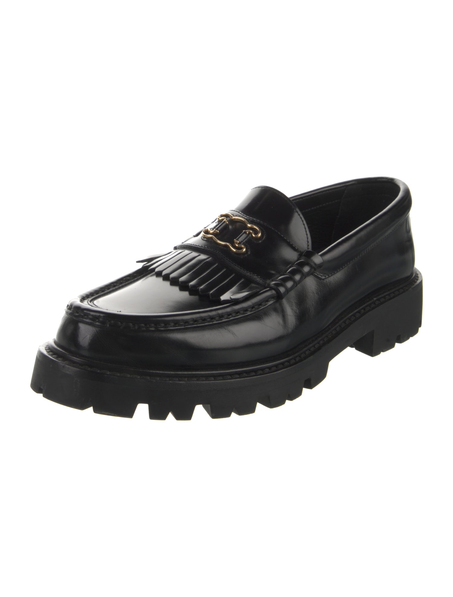 Celine Patent Leather Fringe Trim Accent Loafers