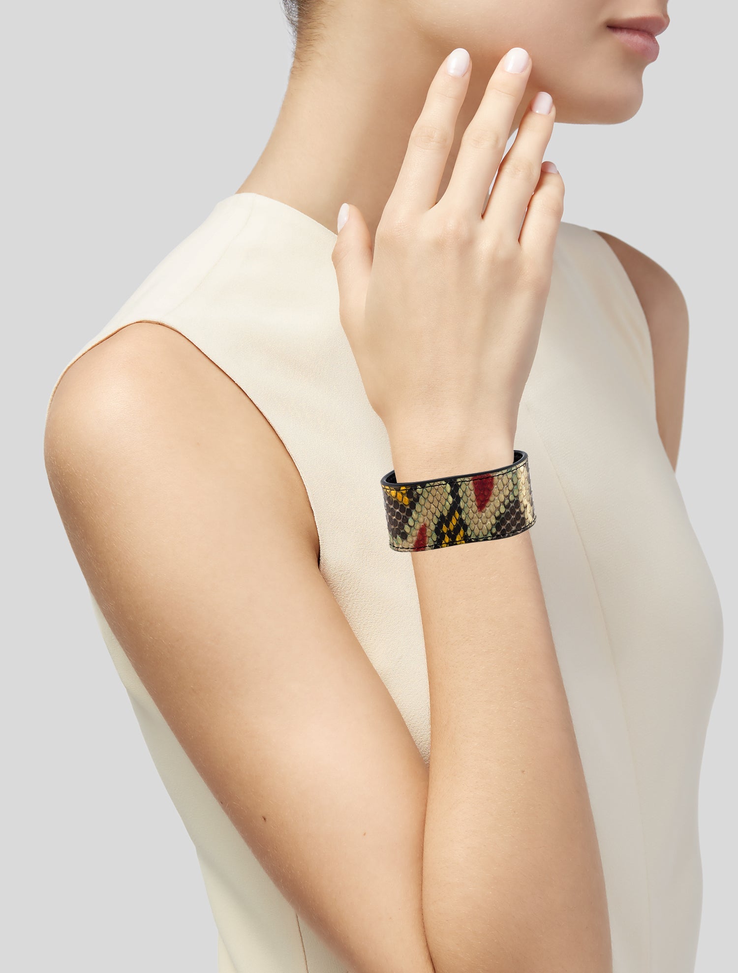 Celine Leather Snakeskin Hinged Wrap Bracelet