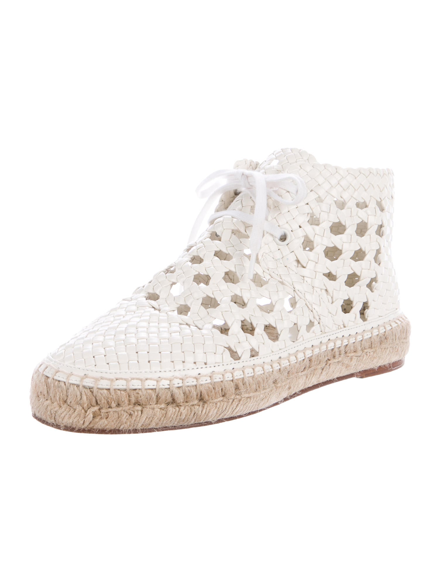Celine Céline Woven LaceUp Espadrilles White Flats, Shoes CEL52040