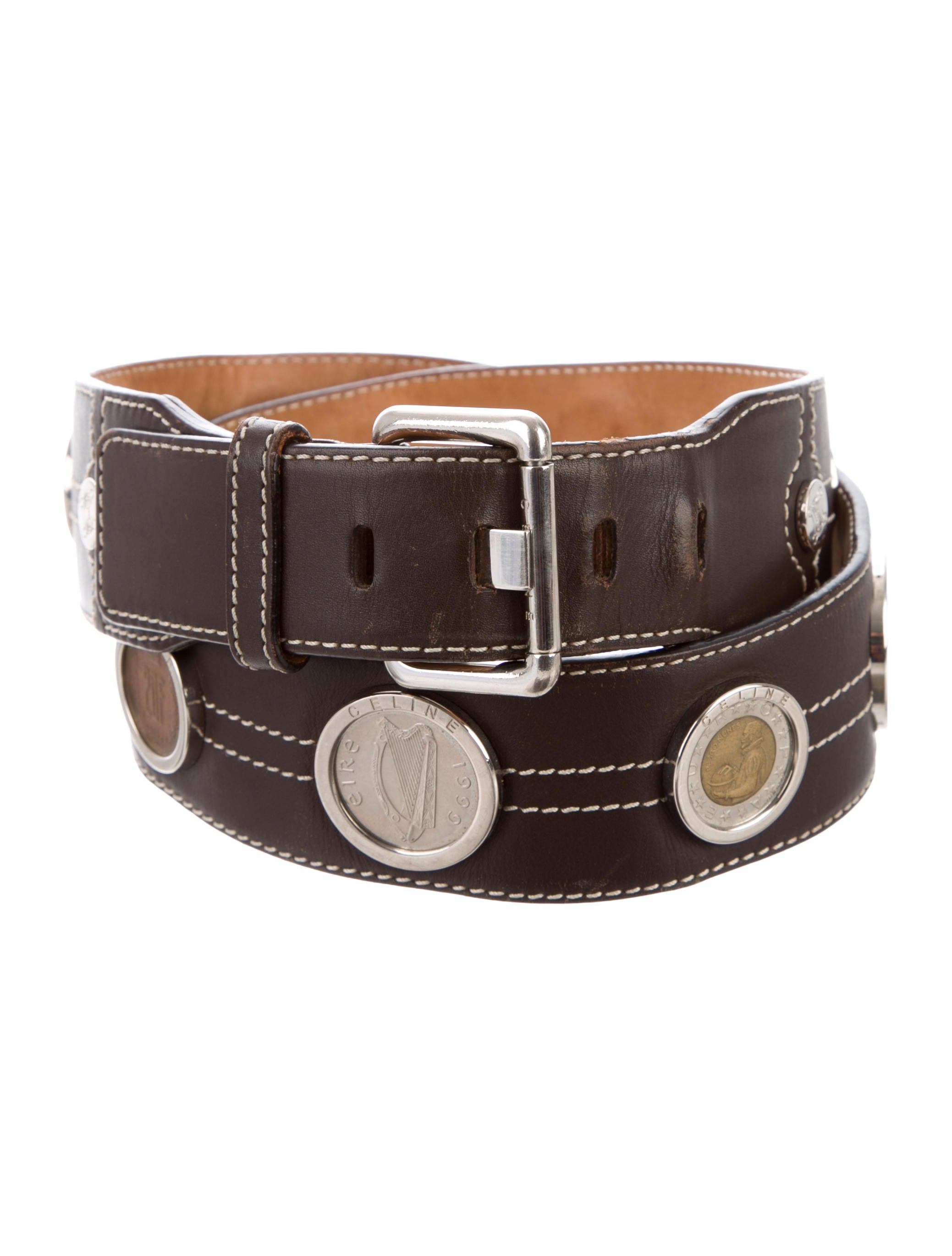 Celine Céline Leather Coin-Accented Belt - Brown Belts