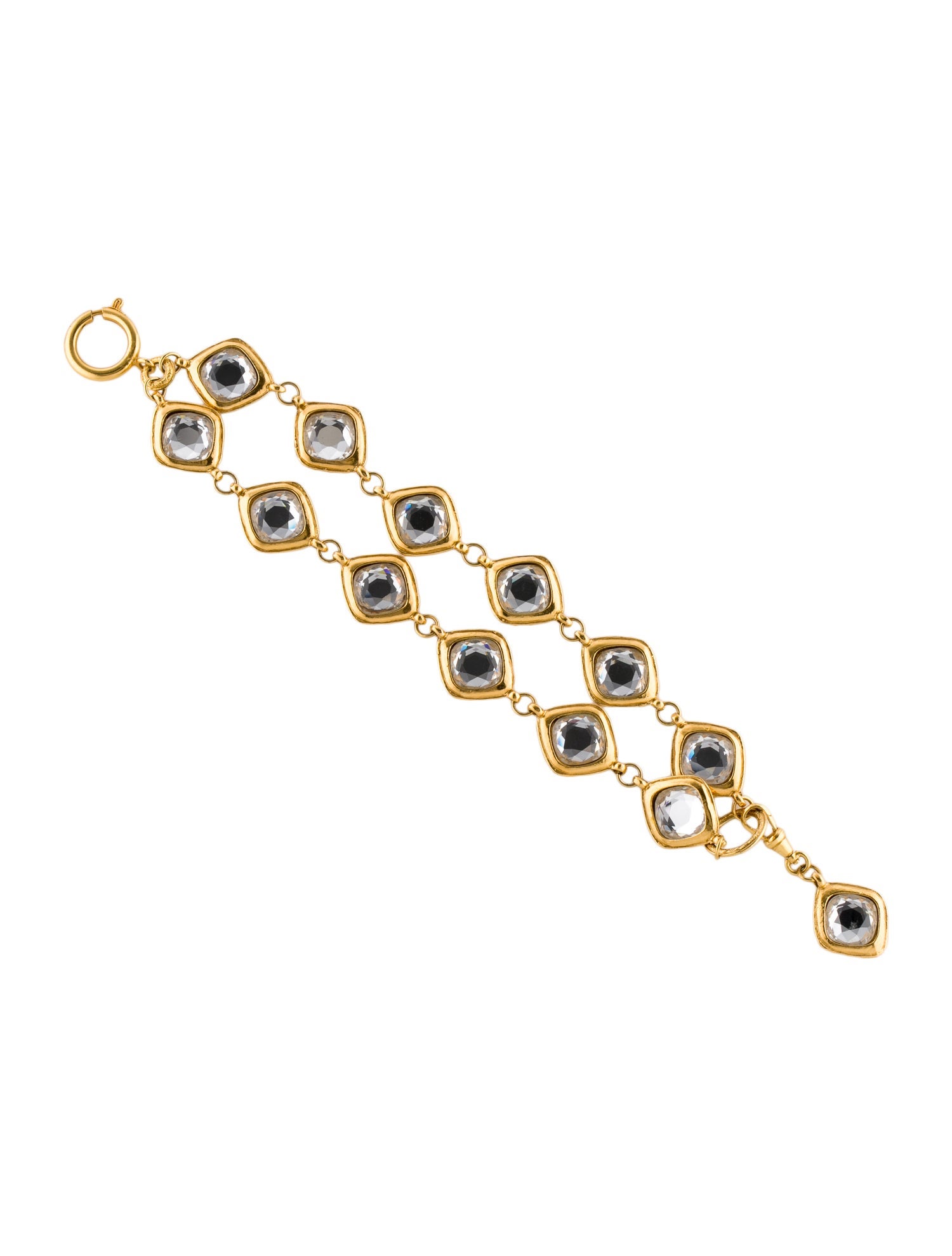 Chanel Vintage Double Strand Strassl & Quilted Bracelet GoldPlated