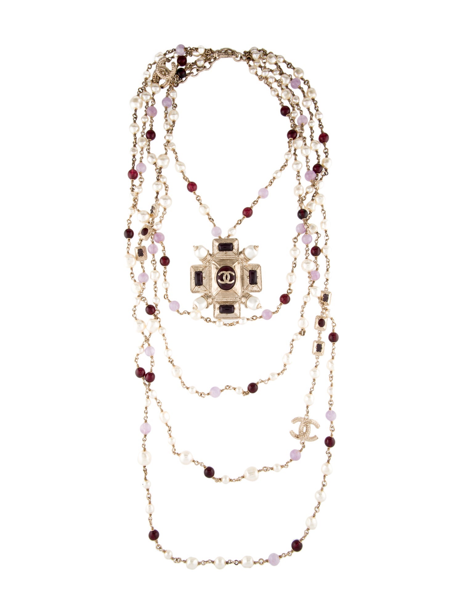 Chanel Faux Pearl, Glass Bead & Resin CC Multistrand Necklace Gold