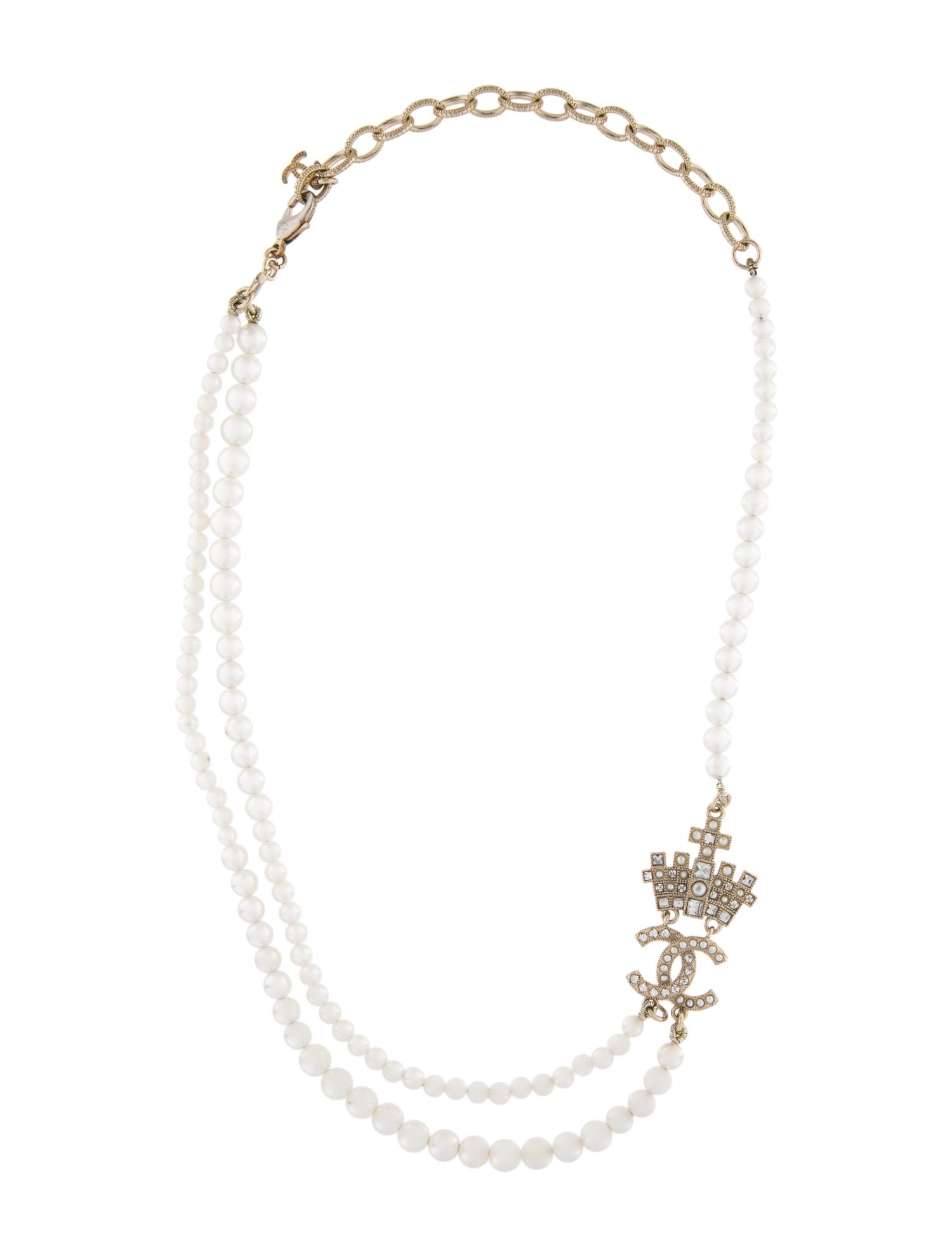 Chanel 2021 Faux Pearl & Strass CC Double Strand Necklace